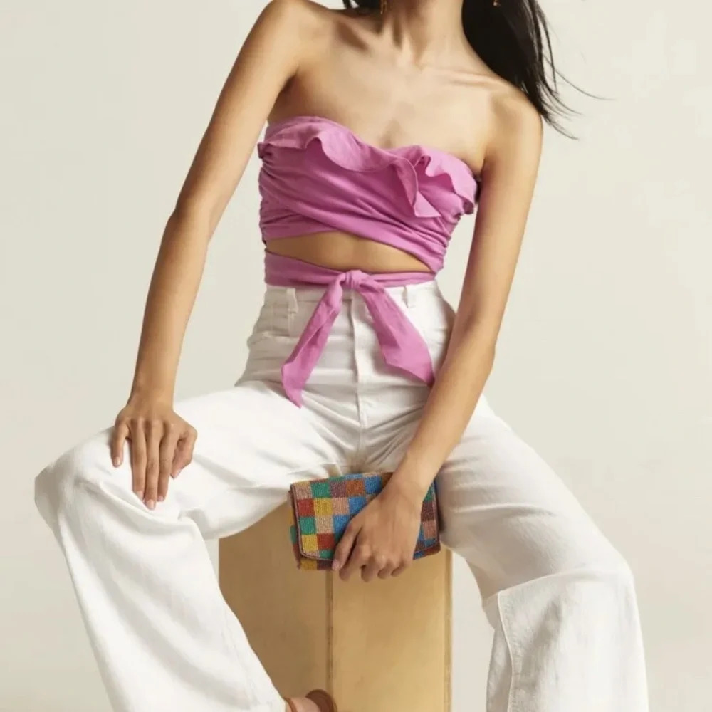 “ANTHROPOLOGIE” PINK RUFFLED TIE-FRONT TUBE TOP PLUS SIZE S - Picture 3 of 6